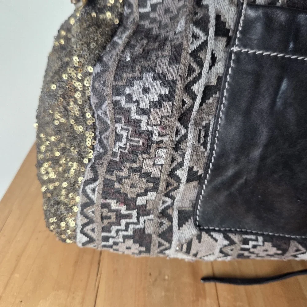 Caterina Lucchi Italy Leather Tapestry Sequin Boho Tote Shoulder Bag Fringe